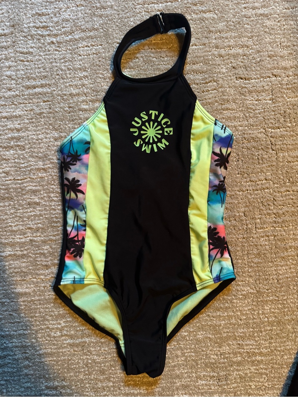 Justice Kids Black One-Piece Swimsuit with Neon Yellow & Tropical Side Panels